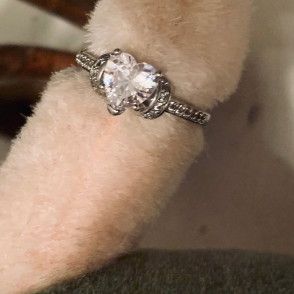 Two Heart Shaped Clear and Blue Stones Silver Tone Bands - Picture 9 of 15